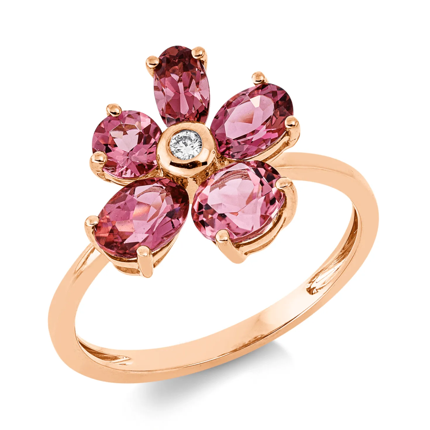 Ring aus 750 Rotgold 5 Turmaline 2,1ct pink Brillant 0,02ct TW-SI B:12,1mm