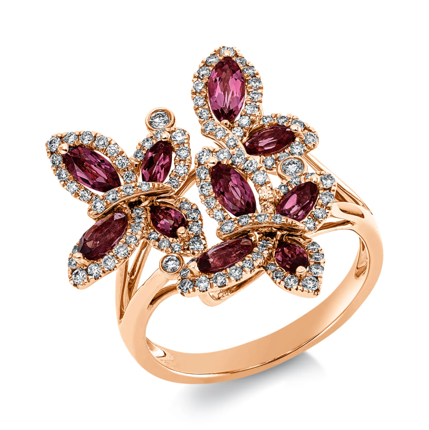 Ring aus 750 Rotgold 10 Turmaline 1,2ct pink 112 Brillanten 0,57ct TW-SI B:22,8mm