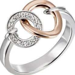 Ring aus 925 Silber bicolor vergoldet mit 18 Zirkonia, zwei verbundene Ringe