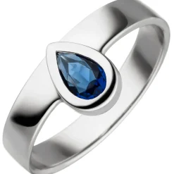 Ring aus 925 Silber rhodiniert mit Glasstein Tropfen blau facettiert Fingerring