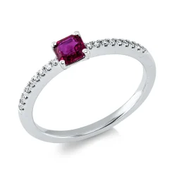 Ring aus 750 Weißgold Rubin 0,37ct rot 18 Brillanten 0,08ct TW-SI B:4mm 4er-Krappe