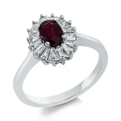 Ring aus 750 Weißgold Rubin 0,62ct rot 16 Diamanten Trapez-Schliff 0,44ct F-VSI