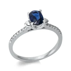 Ring aus 750 Weißgold Saphir 1,14ct blau 18 Brillanten 0,13ct TW-SI B:14mm