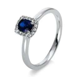 Ring aus 750 Weißgold Saphir 0,51ct blau 16 Brillanten 0,06ct TW-SI B:20,2mm