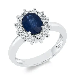 Ring aus 750 Weißgold Saphir 1,5ct blau 12 Brillanten 0,55ct TW-SI B:13,8mm