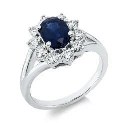Ring aus 750 Weißgold Saphir 1,43ct blau 10 Brillanten 0,76ct TW-SI B:14mm