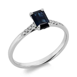 Ring aus 750 Weißgold Saphir 0,67ct blau 8 Brillanten 0,04ct TW-SI B:6,4mm