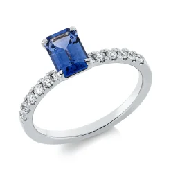 Ring aus 750 Weißgold Saphir 1,01ct blau 12 Brillanten 0,25ct TW-SI B:5,4mm