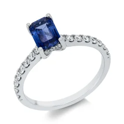 Ring aus 750 Weißgold Saphir 0,97ct blau 32 Brillanten 0,41ct TW-SI B:7,4mm