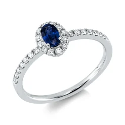 Ring aus 750 Weißgold Saphir 0,34ct blau 26 Brillanten 0,22ct TW-SI H:5,7mm