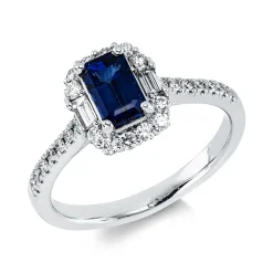 Ring aus 750 Weißgold Saphir 1,16ct blau 28 Diamanten 0,42ct W-SI B:10mm