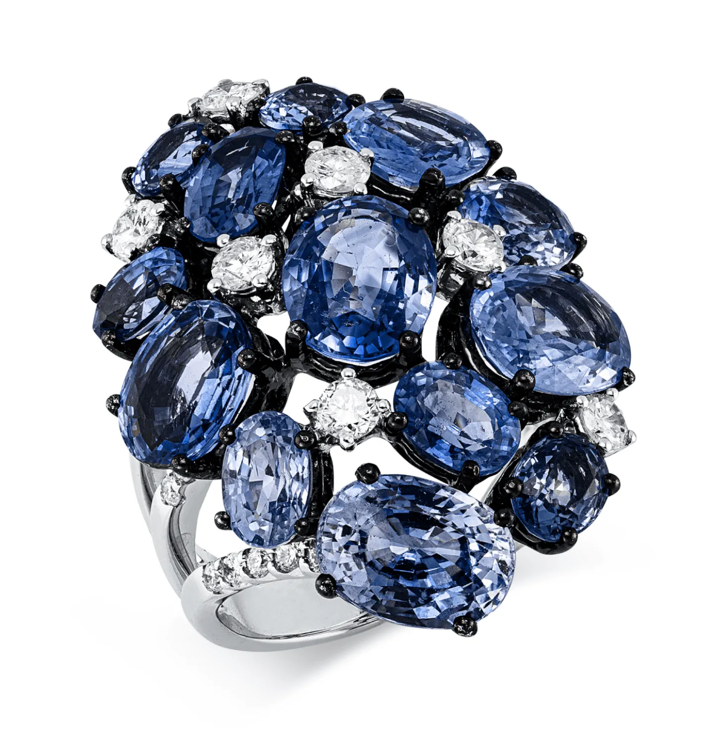 Ring aus 750 Weißgold 13 Saphire 14,72ct blau 31 Diamanten 0,97ct TW-SI B:23,3mm