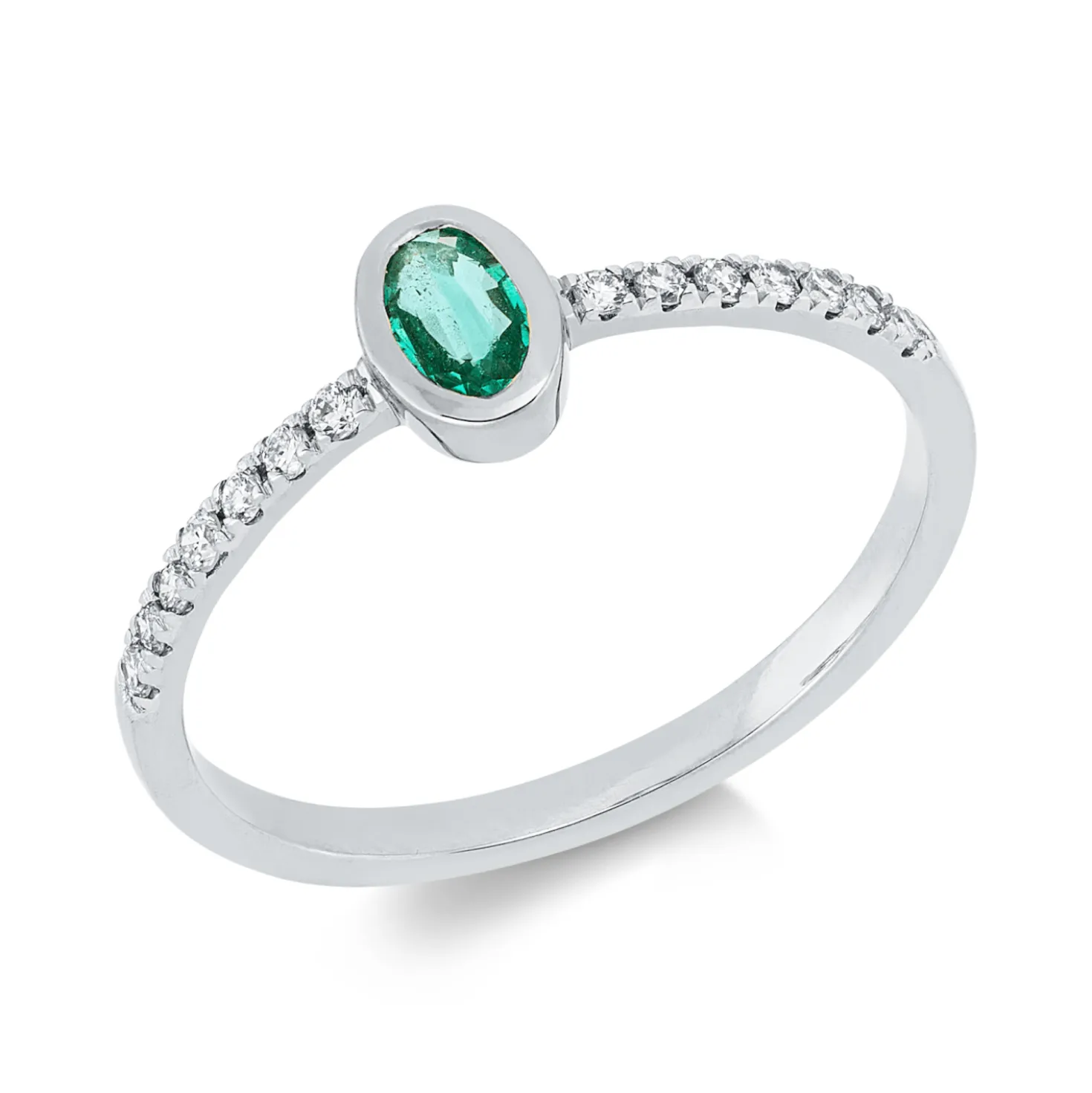 Ring aus 750 Weißgold Smaragd 0,23ct grün 14 Brillanten 0,13ct TW-SI B:6,1mm