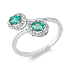 Ring aus 750 Weißgold 2 Smaragde 0,46ct grün 32 Brillanten 0,16ct TW-SI B:10,2mm