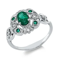 Ring aus 750 Weißgold 5 Smaragde 0,63ct grün 6 Brillanten 0,11ct TW-SI B:12,4mm