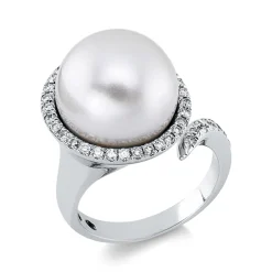 Ring aus 750 Weißgold Süßwasser-Perle 12,4mm weiß 41 Brillanten 0,36ct F-SI