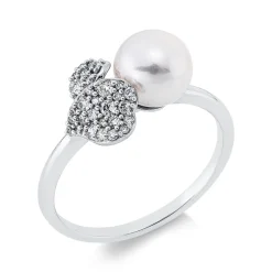 Ring aus 750 Weißgold Süßwasser-Perle 7mm weiß 34 Brillanten 0,2ct TW-SI