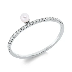 Ring aus 750 Weißgold Süßwasser-Perle 3mm weiß 27 Brillanten 0,09ct TW-SI