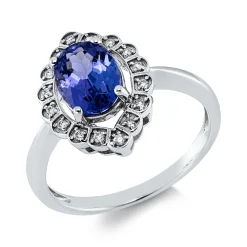 Ring aus 750 Weißgold Tansanit 1,47ct blau 16 Brillanten 0,08ct F-SI B:14,8mm