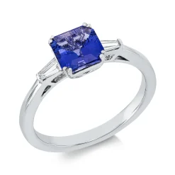 Ring aus 750 Weißgold Tansanit 1,25ct blau 4 Diamanten Trapez-Schliff 0,1ct TW-SI