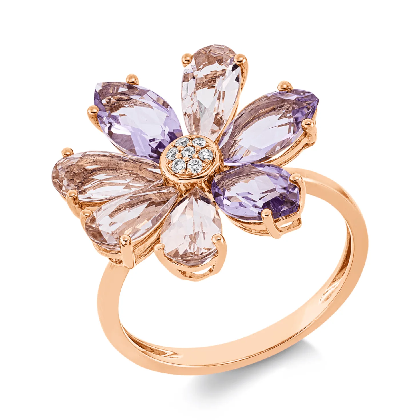 Ring Blume 750 Rotgold 7 Amethyste 4,2ct pink 7 Brillanten 0,04ct TW-SI B:18,1mm