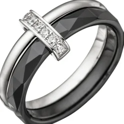 Ring Damenring aus Keramik schwarz & 925 Silber mit Zirkonia weiß Fingerring