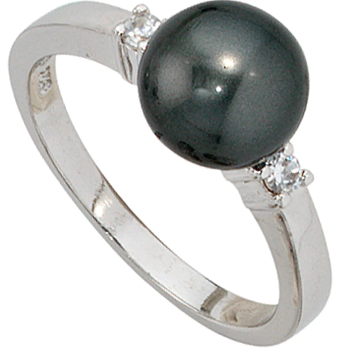 Ring Damenring, dunkle synthetische Perle & Zirkonia 925 Silber Damen