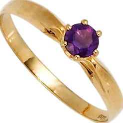 Ring Damenring mit Amethyst lila violett & 585 Gold Gelbgold schlicht