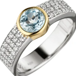 Ring Damenring mit Blautopas rund hellblau Zirkonia 925 Silber teilvergoldet