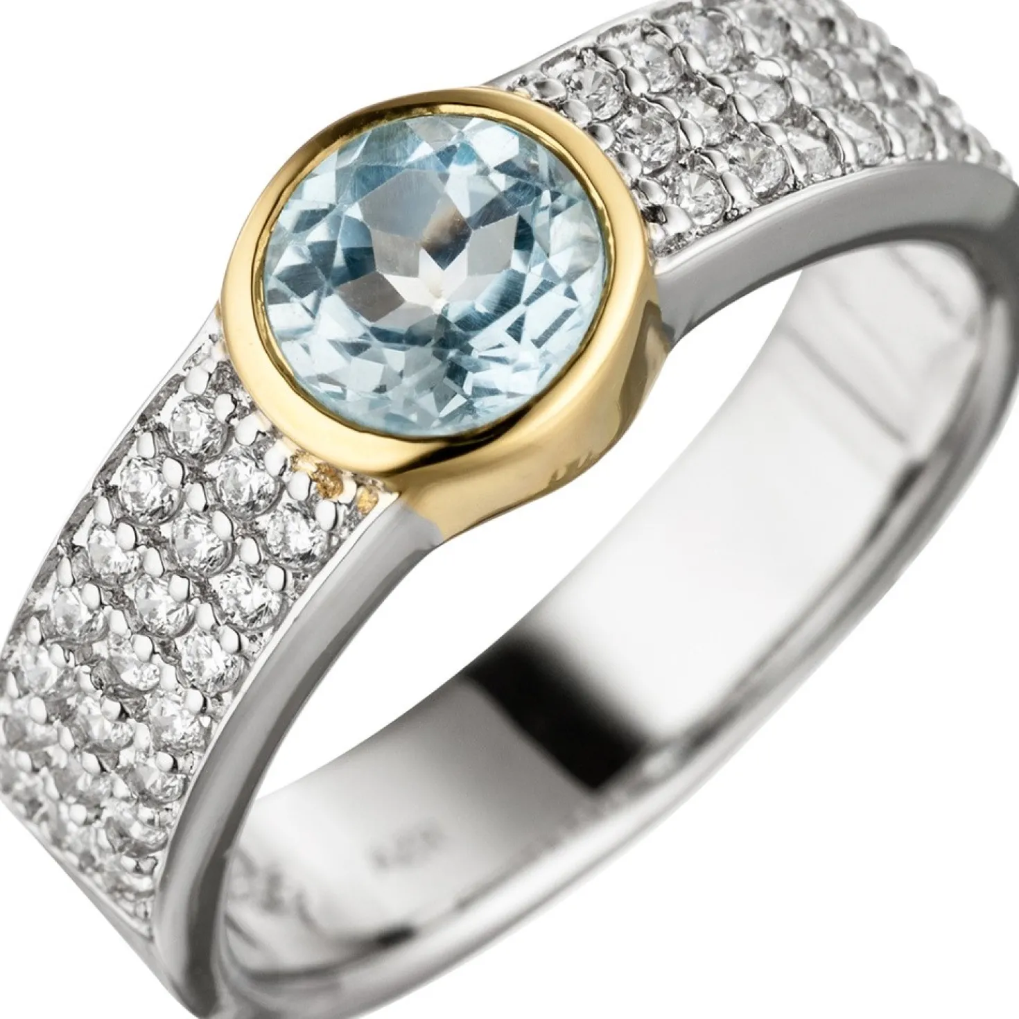 Ring Damenring mit Blautopas rund hellblau Zirkonia 925 Silber teilvergoldet