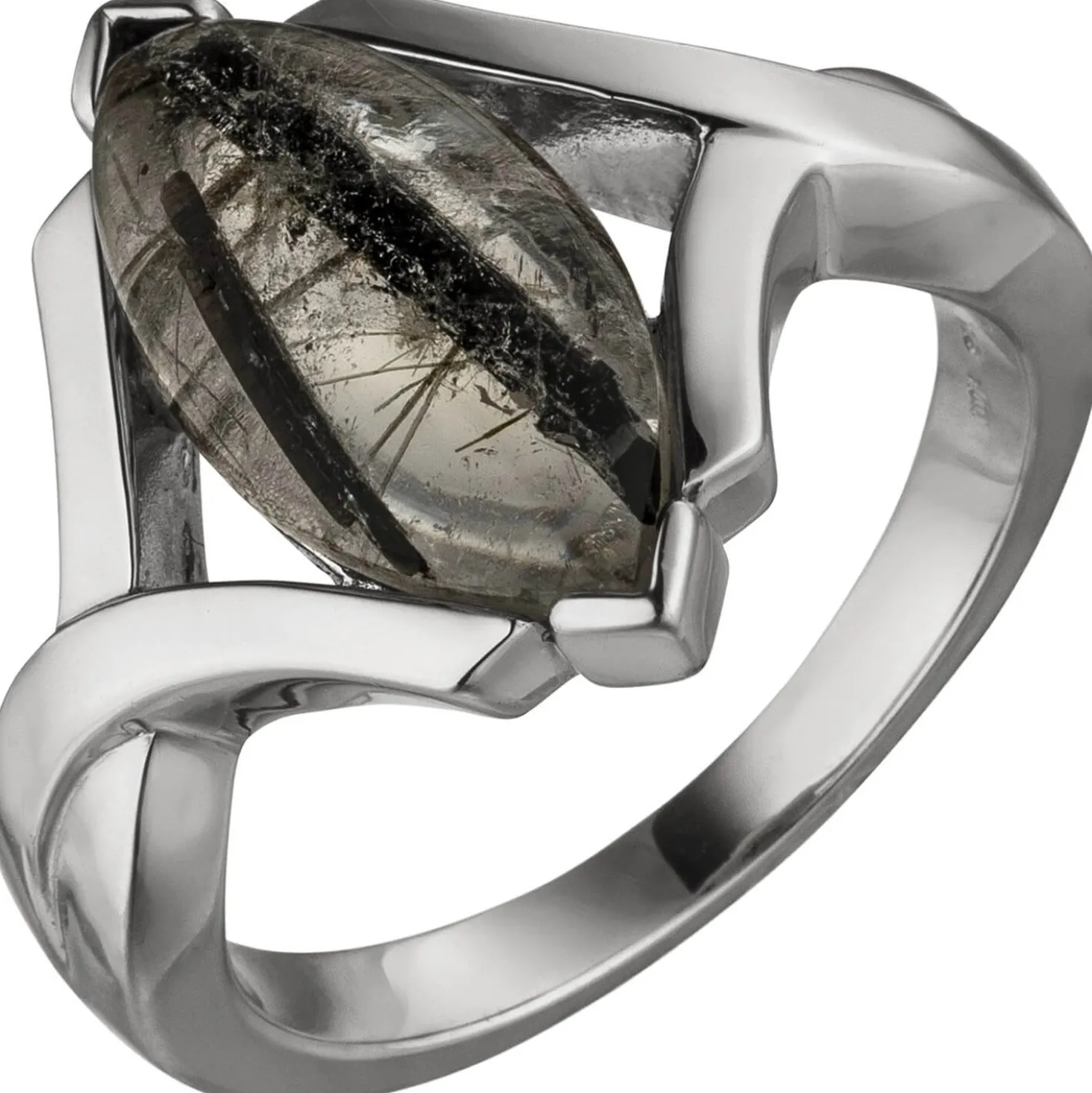 Ring Damenring mit Turmalinquarz grau-schwarz spitzoval 17,6mm 925 Silber Damen