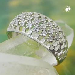 Ring Damenring mit weißen Zirkonia Netz gewölbt 925 Silber