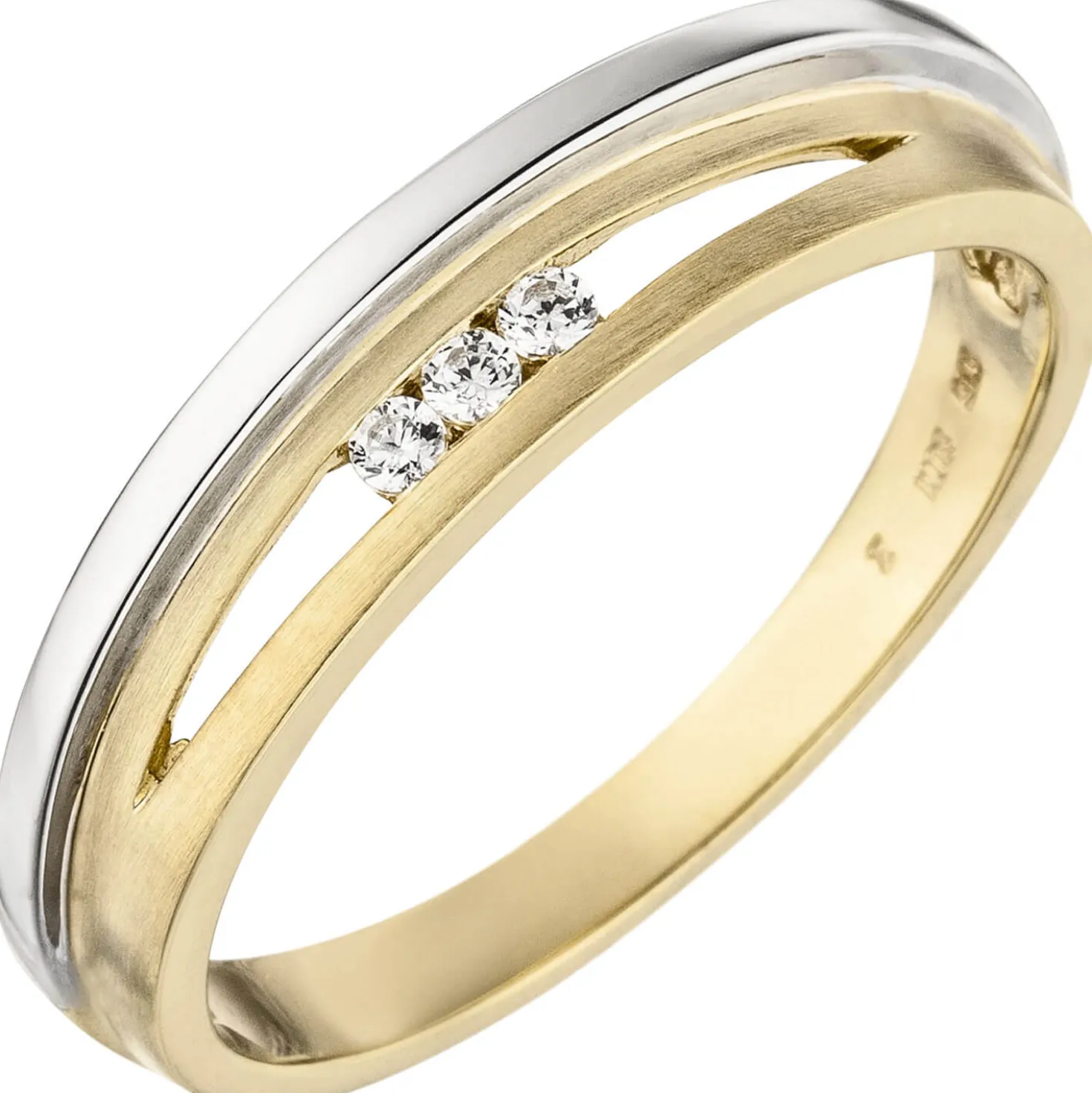 Ring Damenring mit weißen Zirkonia, 3-reihig 375 Gold Gelbgold Weißgold mattiert