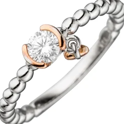 Ring Damenring mit Zirkonia weiß & Anhänger Herz, 925 Silber rotgoldvergoldet