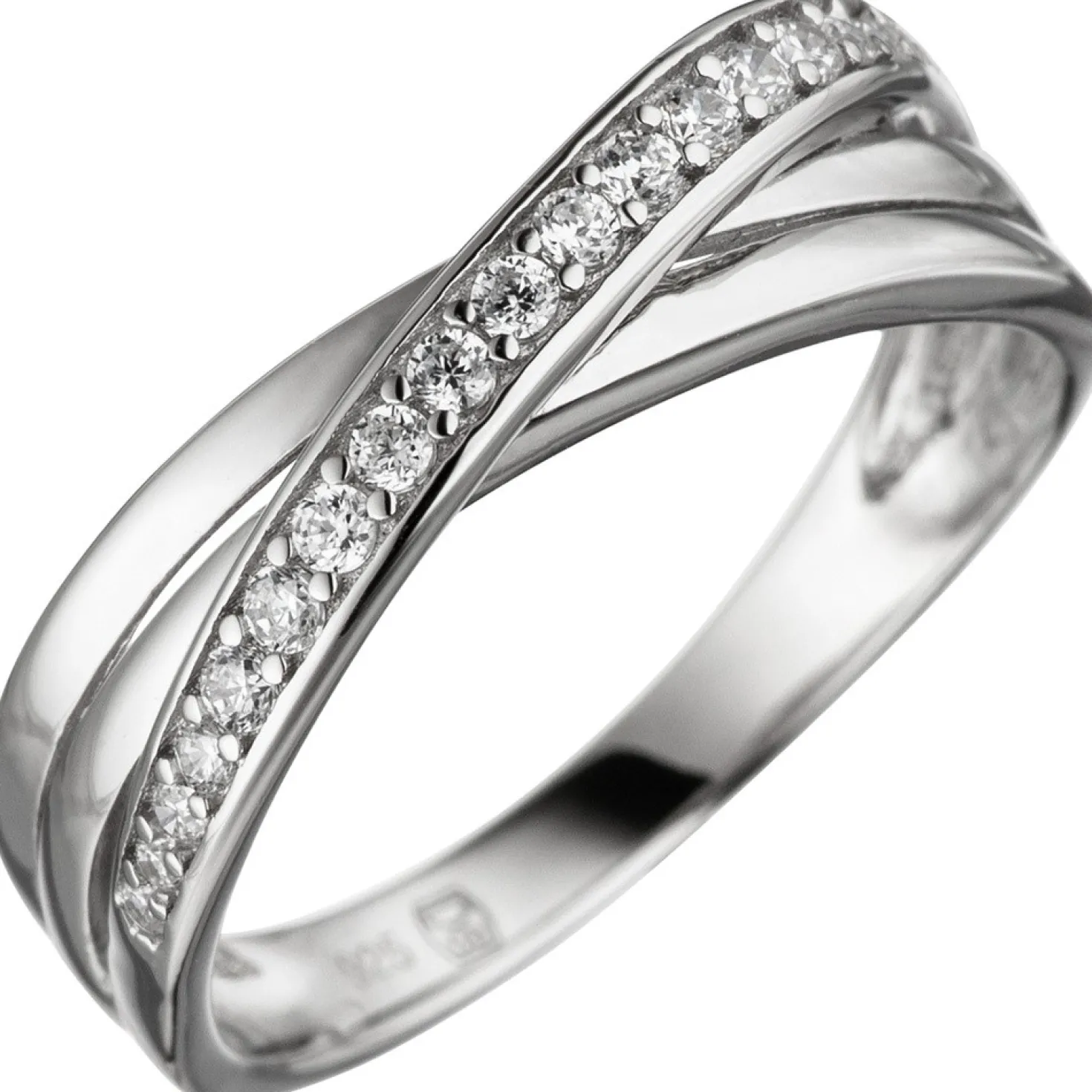 Ring Damenring mit Zirkonia weiß 925 Silber überkreuzt dreireihig Fingerring