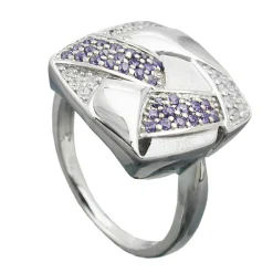 Ring Damenring Viereck mit Muster Zirkonia lila weiß 925 Silber