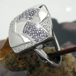 Ring Damenring Viereck mit Muster Zirkonia lila weiß 925 Silber