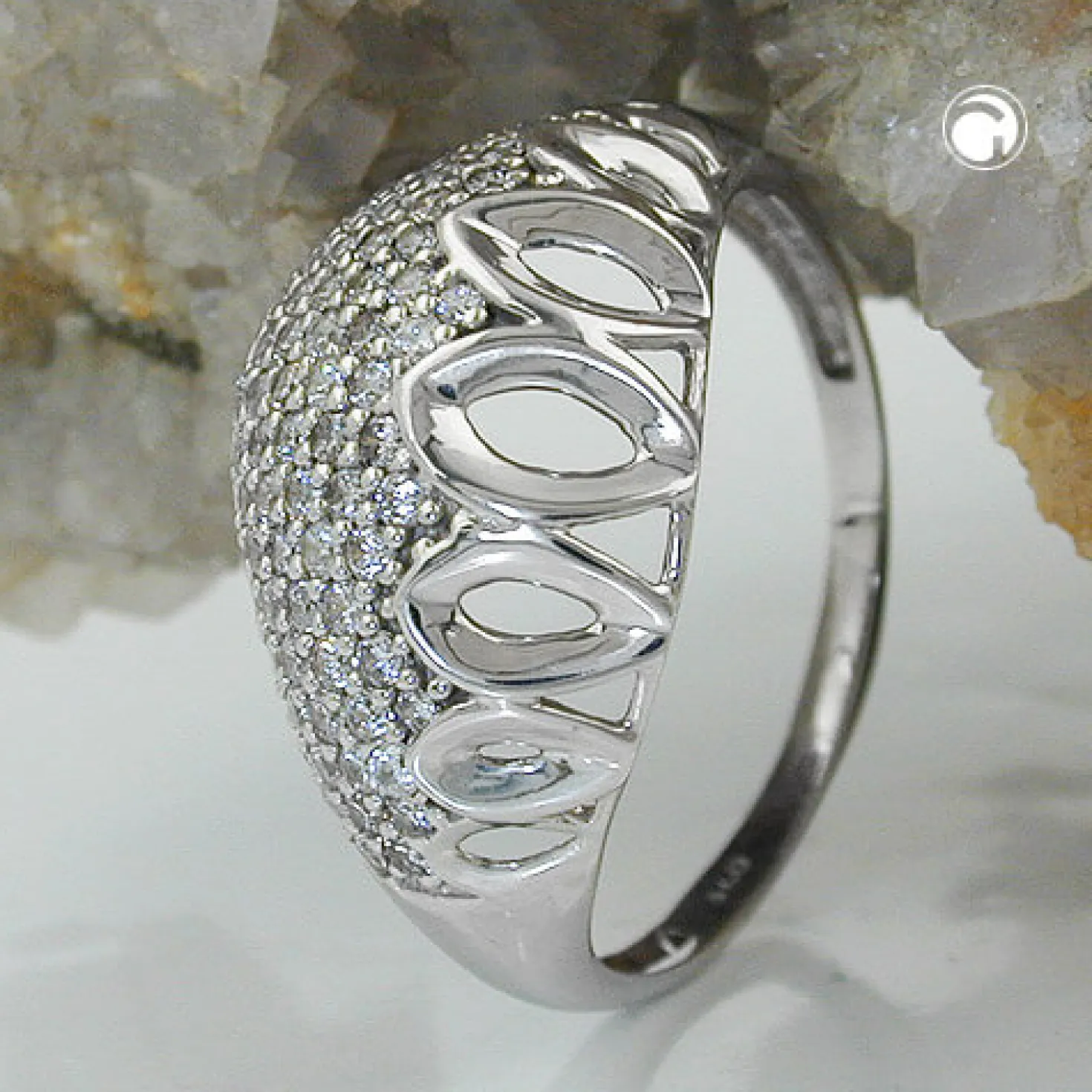 Ring Damenring weiße Zirkonia rundum gewölbt Muster 925 Silber