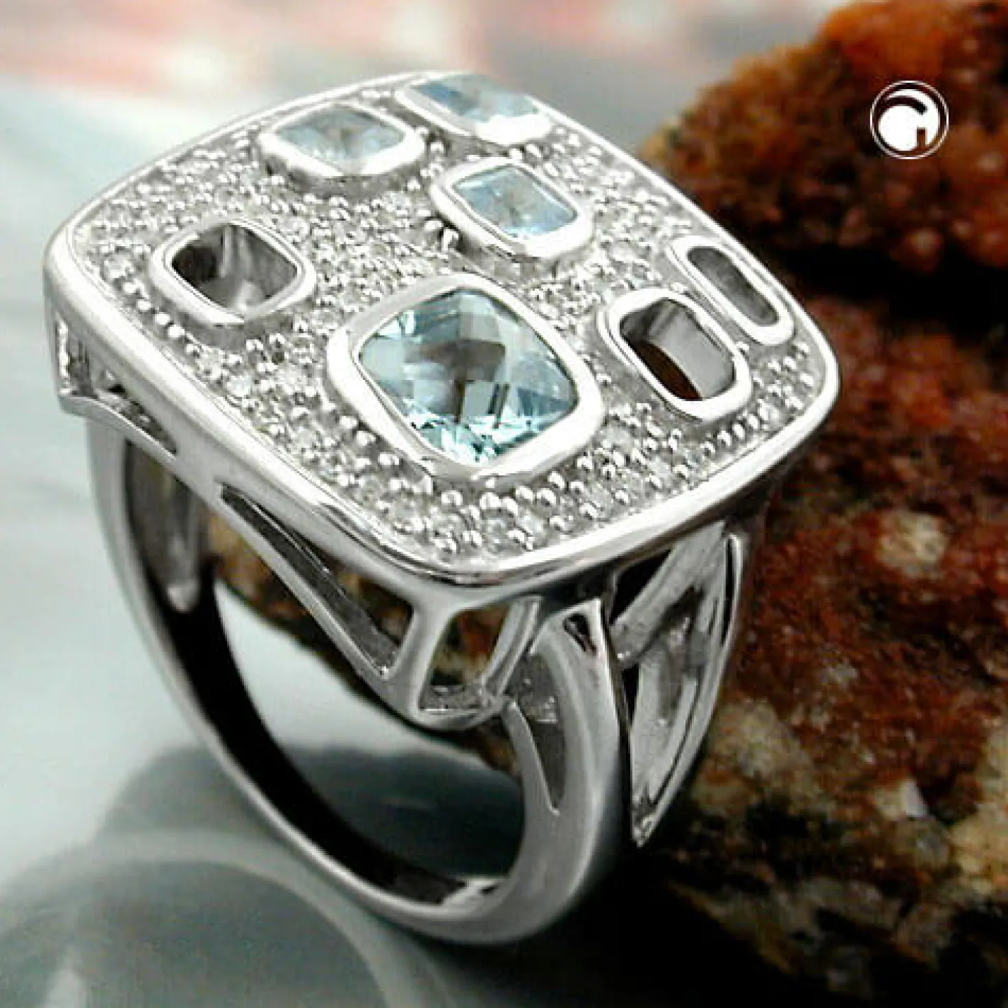 Ring Damenring Zirkonia aqua quadratische Form 925 Silber