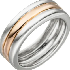 Ring Fingerschmuck, 3-reihig teilmattiert, 925 Silber Rotgold vergoldet bicolor