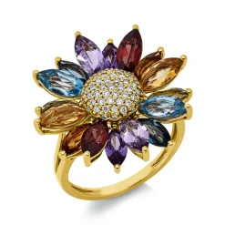 Ring 750 Gelbgold 16 Farbsteine 5,2ct mehrfarbig 49 Brillanten 0,22ct TW-SI B:22mm