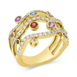 Ring 750 Gelbgold 12 Saphire 0,78ct mehrfarbig 65 Brillanten 0,74ct TW-VSI B:17,1mm