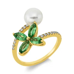 Ring 750 Gelbgold Süßwasser-Perle 7mm weiß 4 Tsavorithe 1,04ct grün B:16,7mm