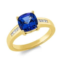 Ring 750 Gelbgold Tansanit 2,15ct blau 8 Diamanten Prinzess-Schliff 0,23ct TW-SI
