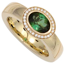 Ring 585 Gold Gelbgold mit grünem Turmalin & 28 Diamanten Brillanten 0,1Ct. W-SI