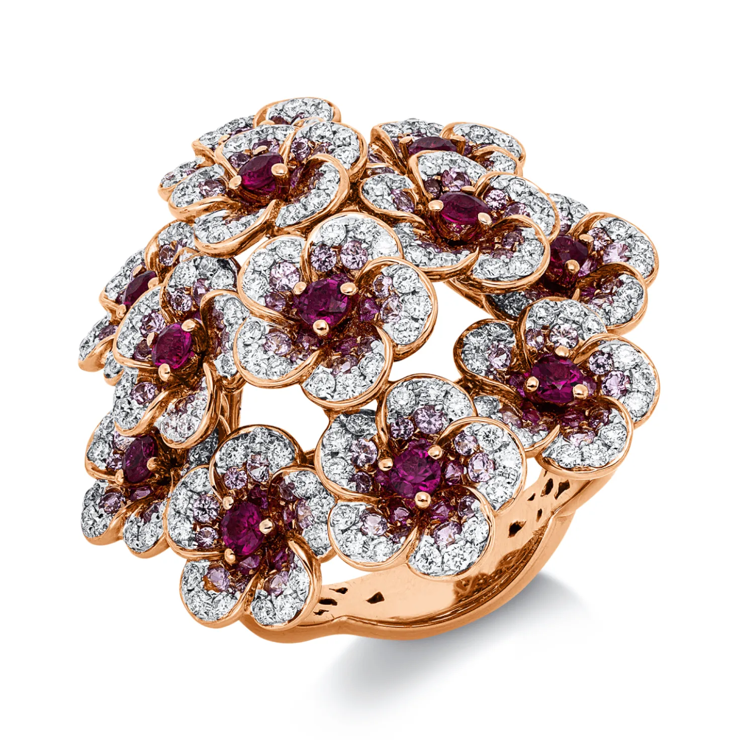 Ring 750 Gold weiß/rot 192 Rubine 2,26ct rot 180 Brillanten 1,11ct TW-VSI B:32,1mm