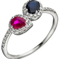 Ring mit Rubin rot & Saphir blau & 38 Brillanten 0.26Ct W/SI 585 Gold Weißgold
