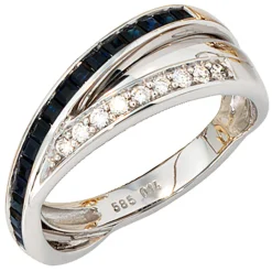 Ring mit 16 Saphiren blau & 9 Diamanten Brillanten 585 Weißgold Goldring Damen