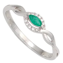 Ring mit Smaragd spitzoval grün 10 Brillanten 0.04Ct 333 Gold Weißgold