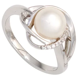 Ring mit Süßwasser Perle & 9 Diamanten 0.05Ct W/P1 Brillanten 585 Gold Weißgold